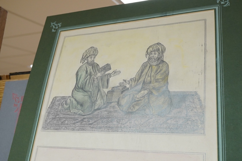 Turkish School, Islamic prayer scenes, two pencil sketches, mounted, unframed, 39 x 27cm
